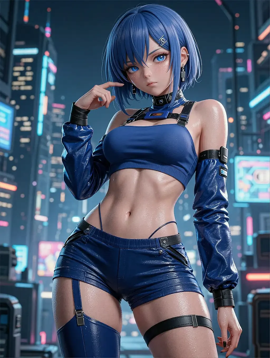 Illustrated anime persona Yuna with a short blue bob and cyberpunk streetwear against a neon skyline