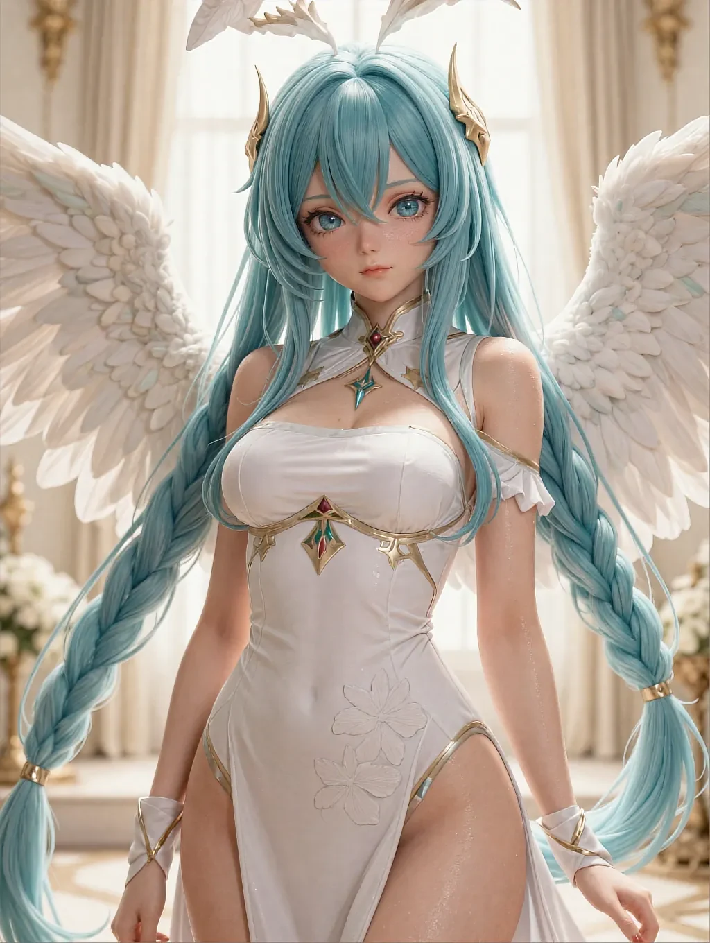Illustrated anime persona Asuka with teal hair and white-and-gold wings in an ornate hall