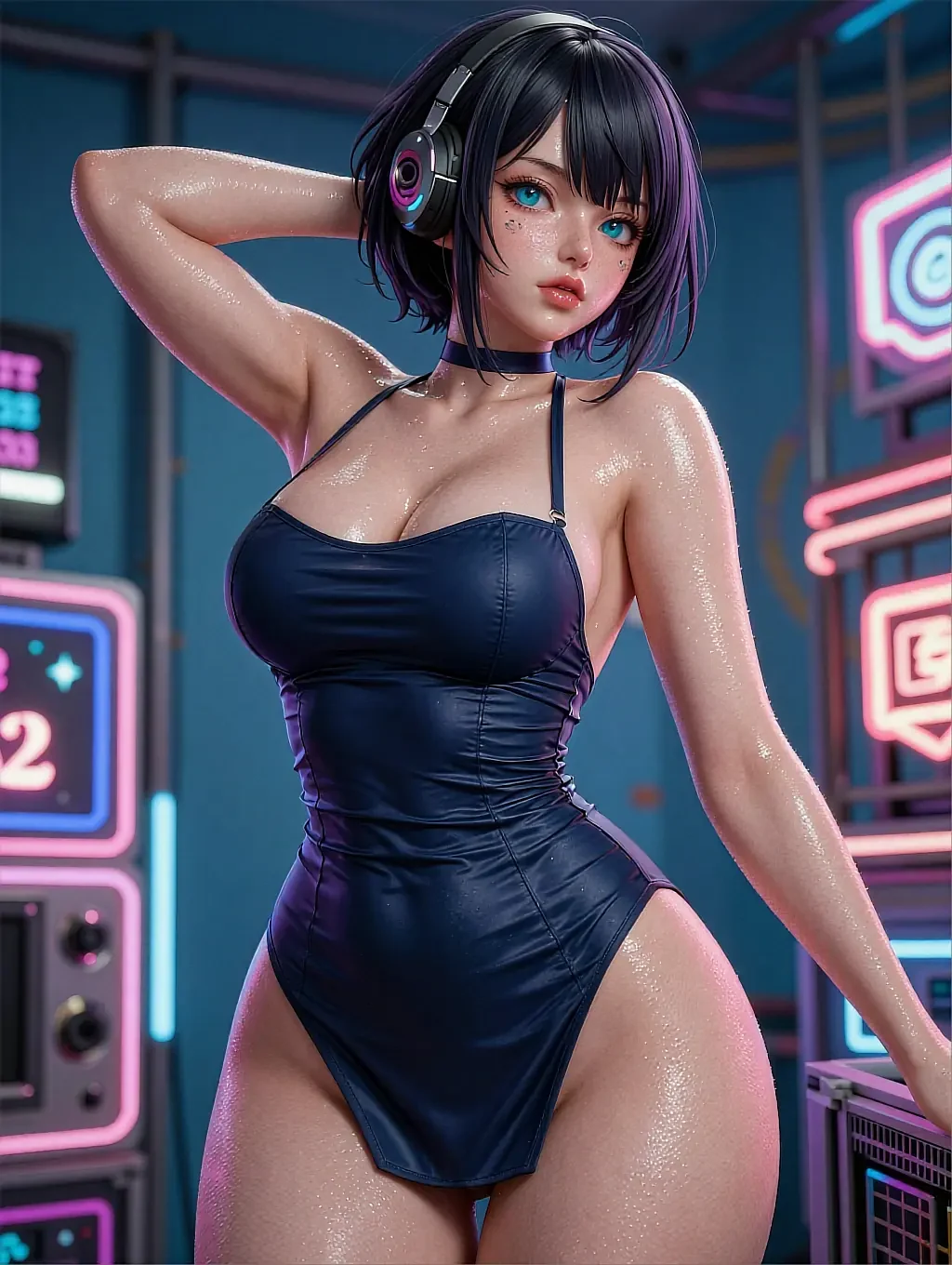 Illustrated anime persona Hikari with a dark bob and headphones in a neon arcade room