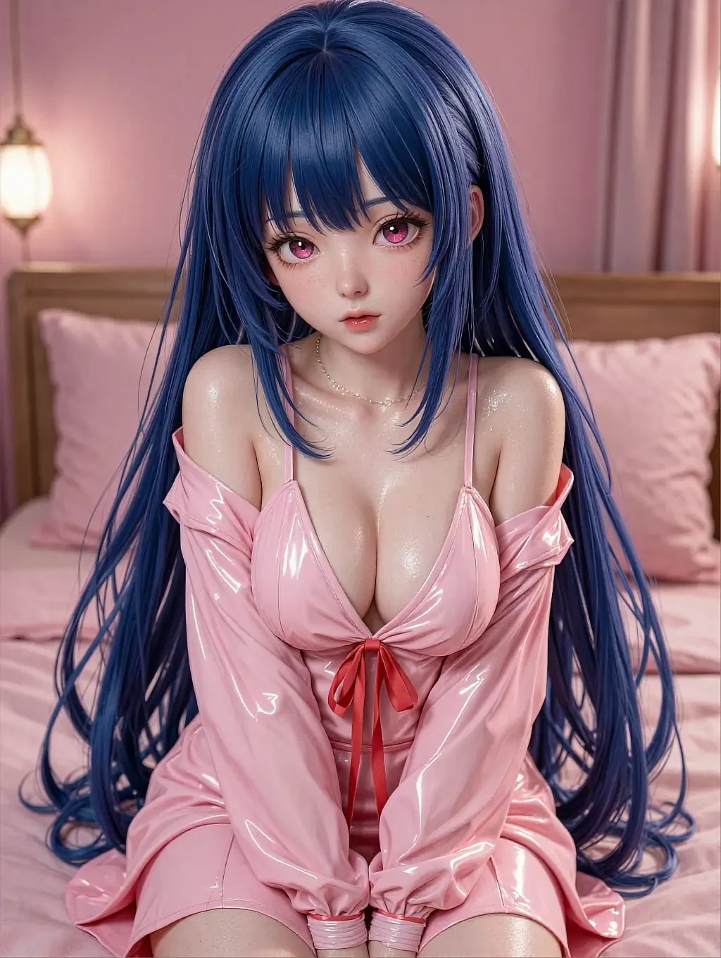 Illustrated anime persona Tsuki with long navy hair in a soft pink-lit bedroom