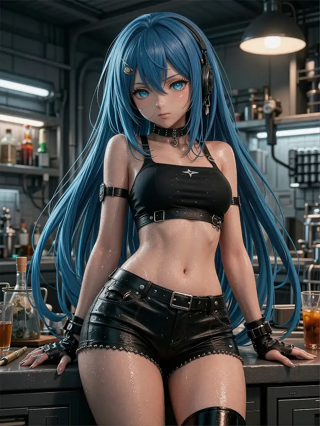 Illustrated anime persona Emiko with long blue hair and headphones in an industrial workshop