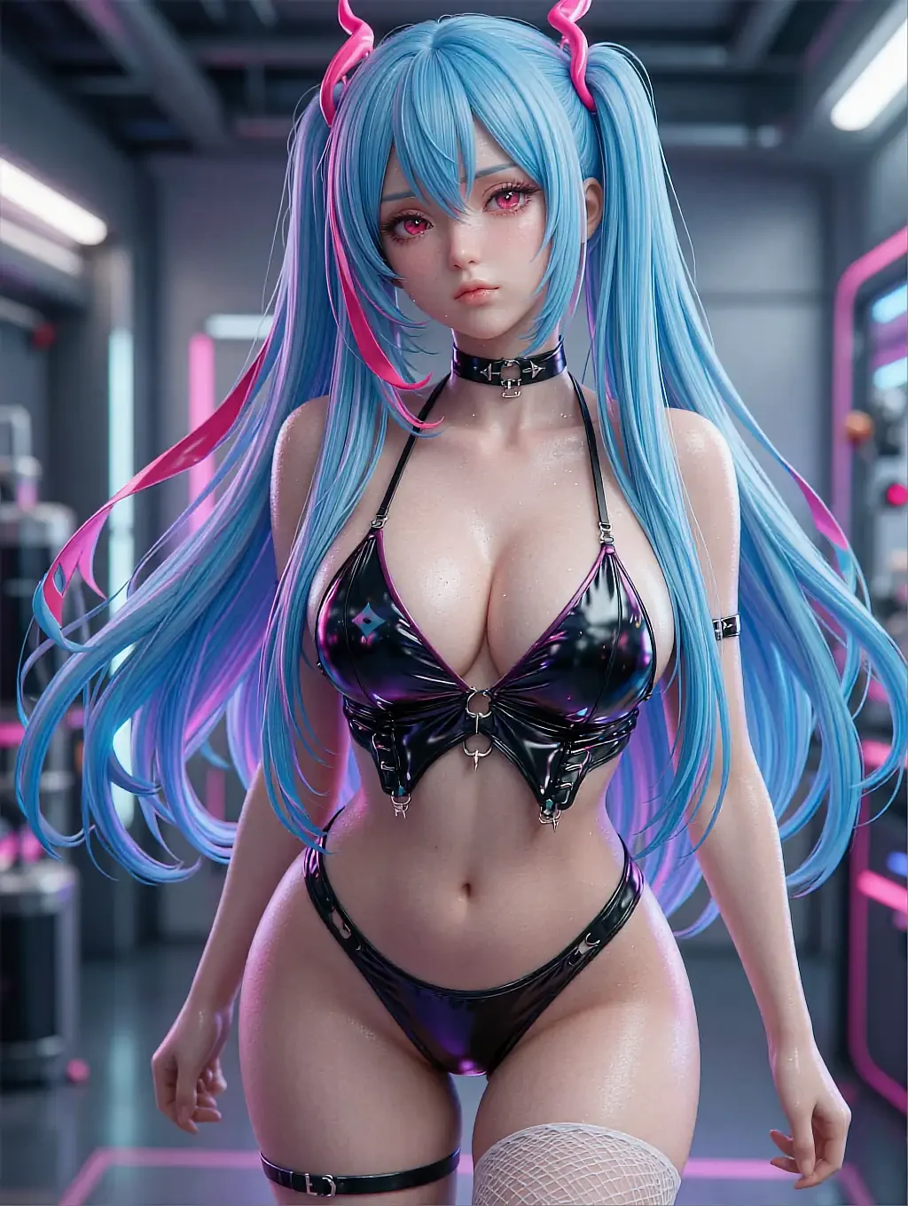 Illustrated anime persona Sayuri with light blue twin tails and horn-shaped hair clips in a neon corridor